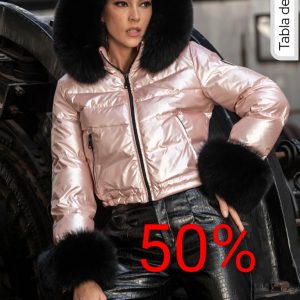 Cazadora plumas y pelo natural rosa