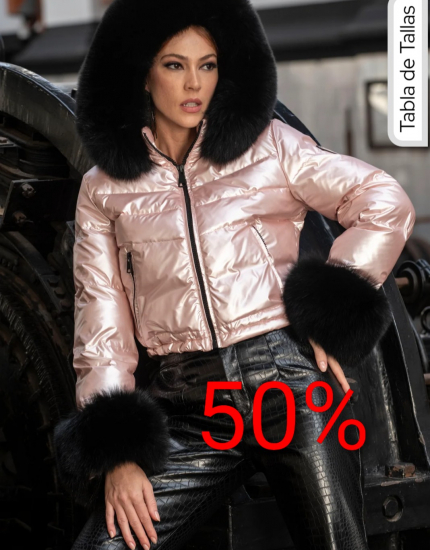Cazadora plumas y pelo natural rosa